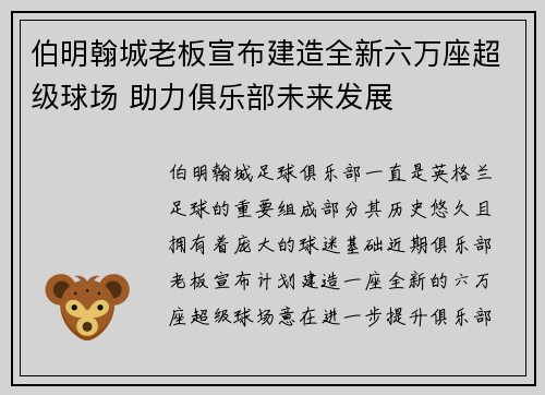 伯明翰城老板宣布建造全新六万座超级球场 助力俱乐部未来发展