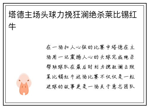 塔德主场头球力挽狂澜绝杀莱比锡红牛